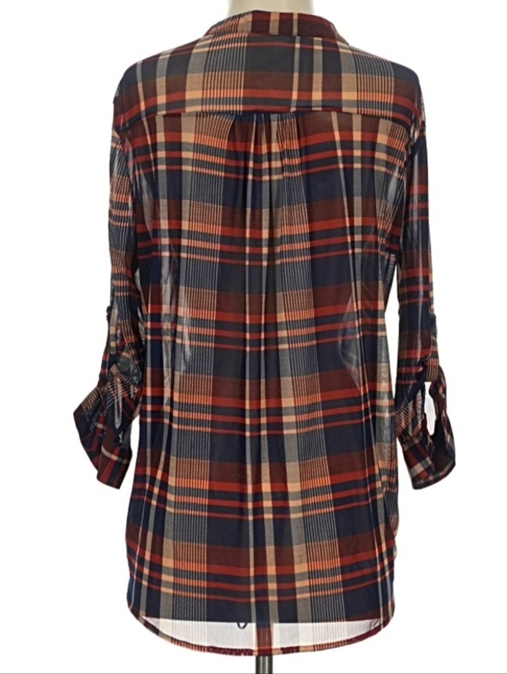Bailey & Chloe (Sz L) Blue & Brown Plaid Semi-sheer Button Roll Tab Sleev3 Shirt - Picture 12 of 13
